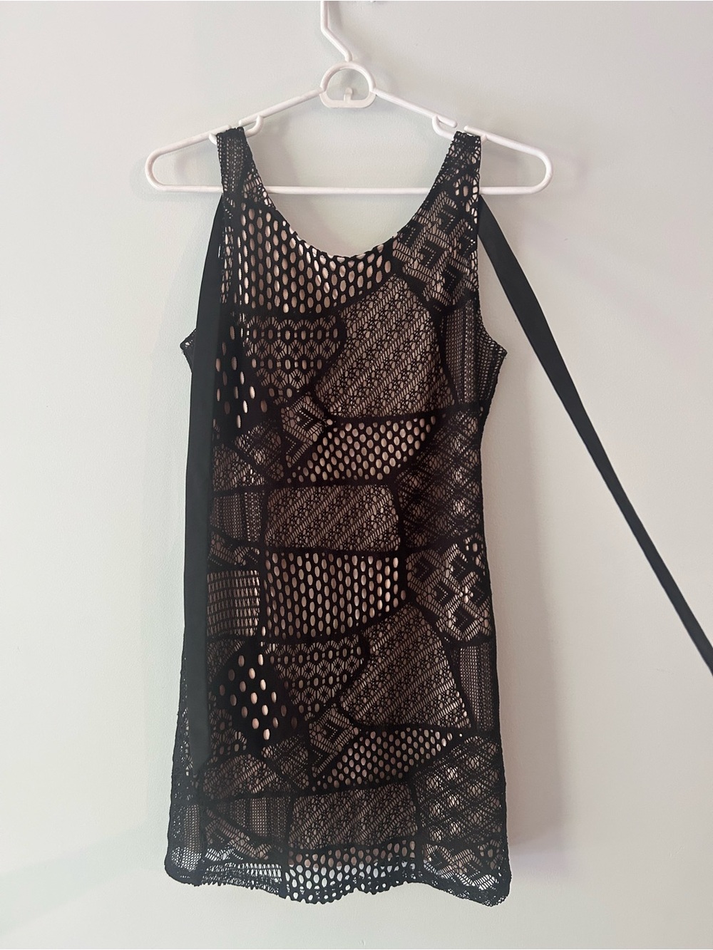 Vintage Black Lace-Overlay Mini Dress with Nude Lining